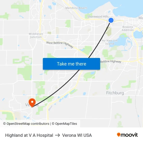 Highland at V A Hospital to Verona WI USA map