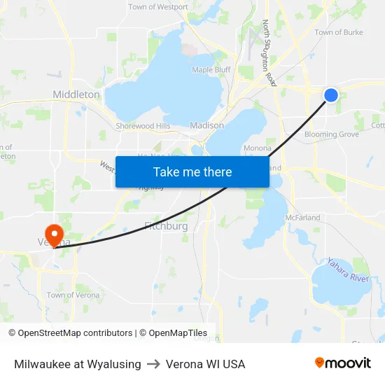 Milwaukee at Wyalusing to Verona WI USA map