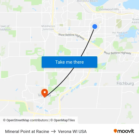 Mineral Point at Racine to Verona WI USA map