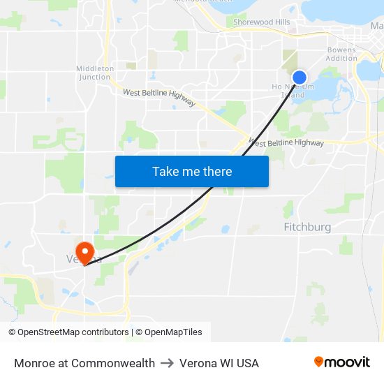 Monroe at Commonwealth to Verona WI USA map