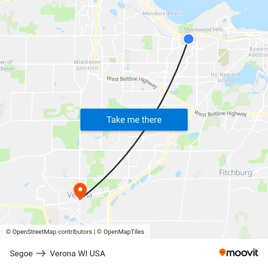 Segoe to Verona WI USA map