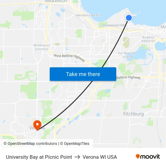 University Bay at Picnic Point to Verona WI USA map