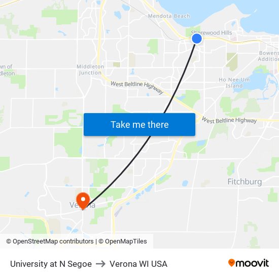 University at N Segoe to Verona WI USA map