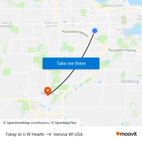 Tokay at U W Health to Verona WI USA map