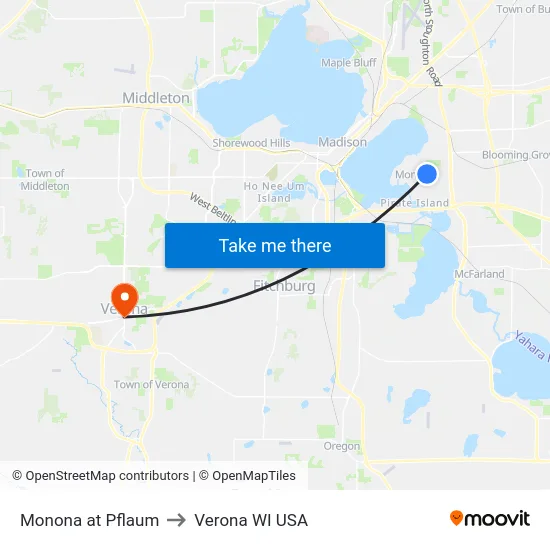 Monona at Pflaum to Verona WI USA map