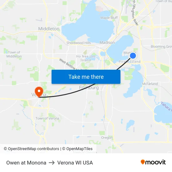 Owen at Monona to Verona WI USA map