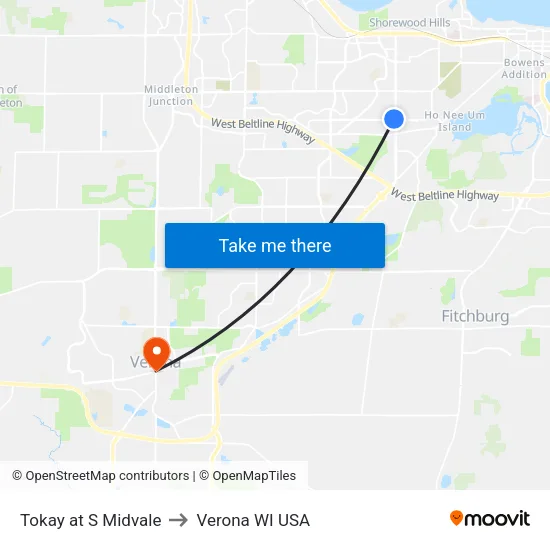 Tokay at S Midvale to Verona WI USA map