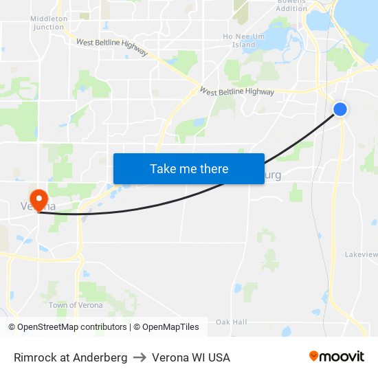 Rimrock at Anderberg to Verona WI USA map