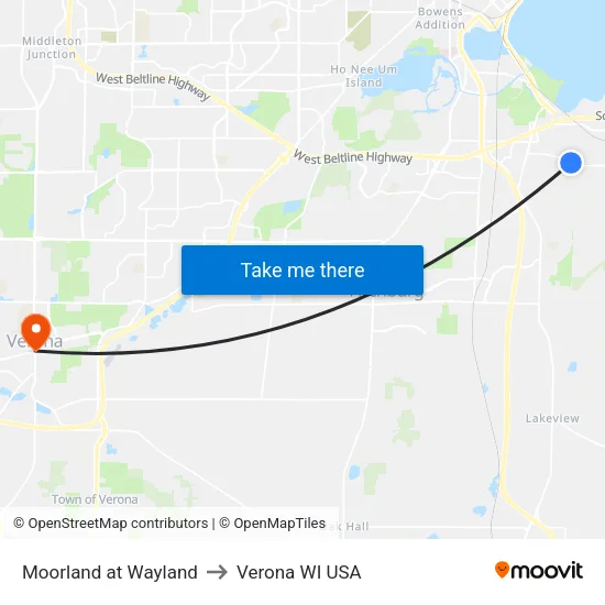 Moorland at Wayland to Verona WI USA map