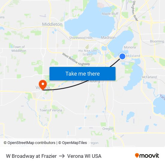 W Broadway at Frazier to Verona WI USA map