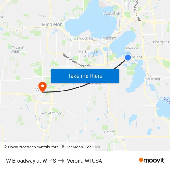 W Broadway at W P S to Verona WI USA map