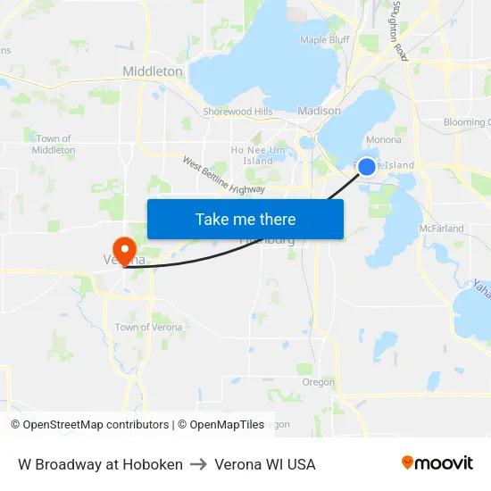 W Broadway at Hoboken to Verona WI USA map