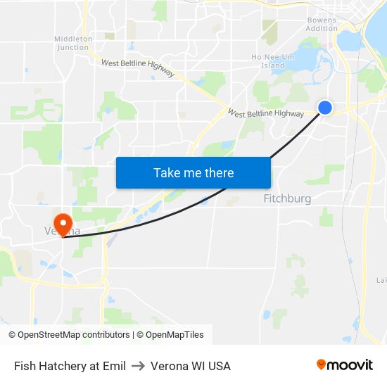 Fish Hatchery at Emil to Verona WI USA map