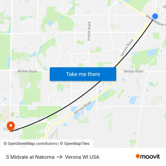 S Midvale at Nakoma to Verona WI USA map