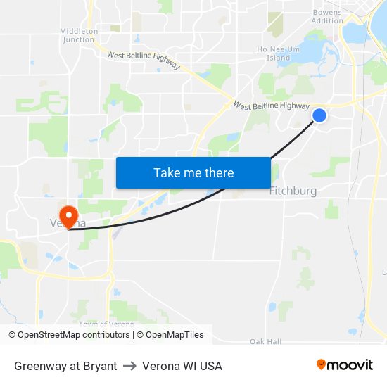 Greenway at Bryant to Verona WI USA map