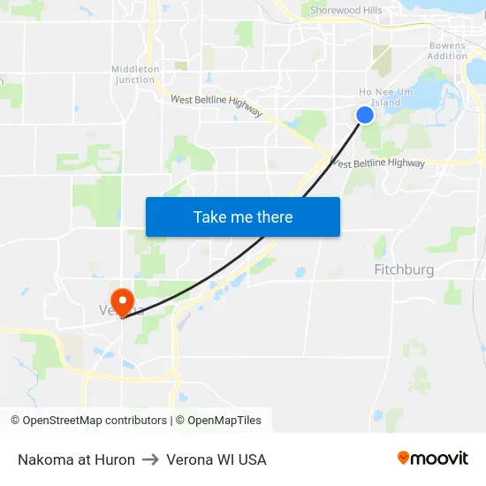 Nakoma at Huron to Verona WI USA map