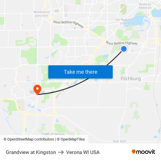 Grandview at Kingston to Verona WI USA map
