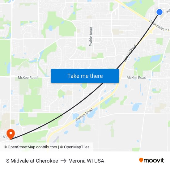 S Midvale at Cherokee to Verona WI USA map