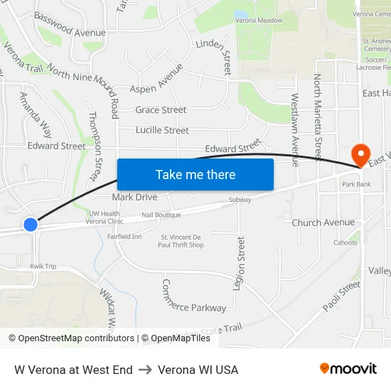 W Verona at West End to Verona WI USA map