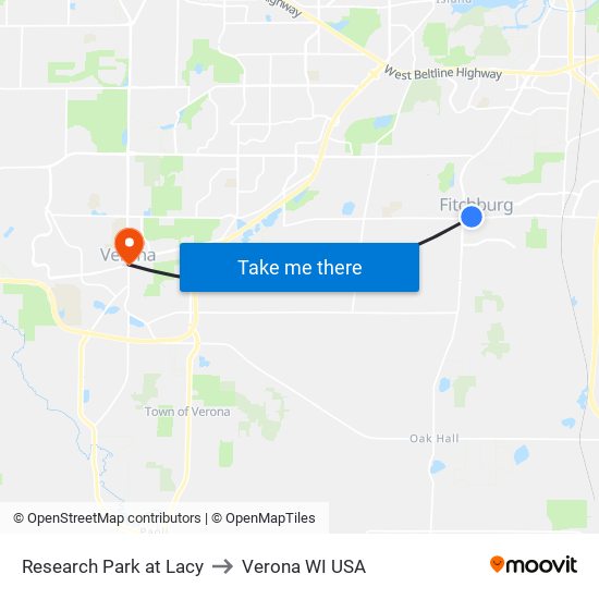 Research Park at Lacy to Verona WI USA map