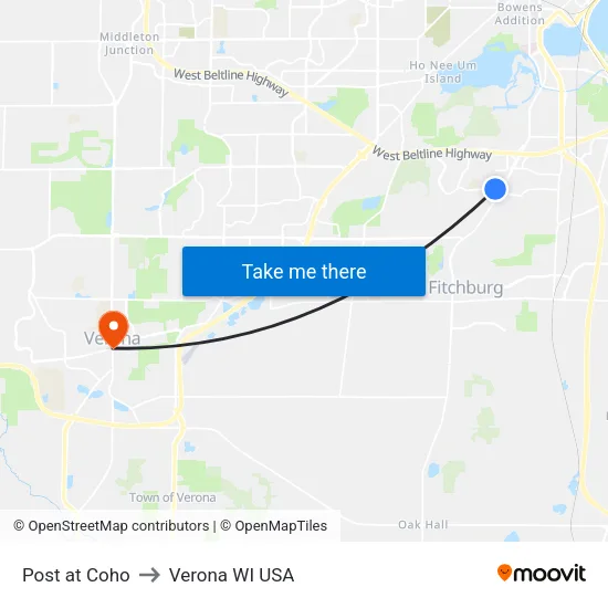 Post at Coho to Verona WI USA map