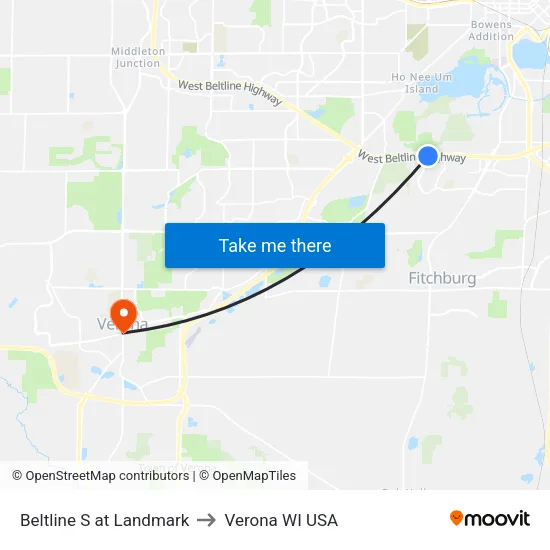Beltline S at Landmark to Verona WI USA map