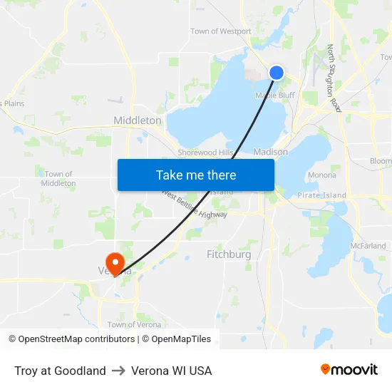 Troy at Goodland to Verona WI USA map