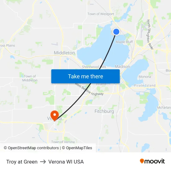 Troy at Green to Verona WI USA map