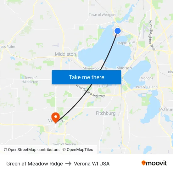 Green at Meadow Ridge to Verona WI USA map