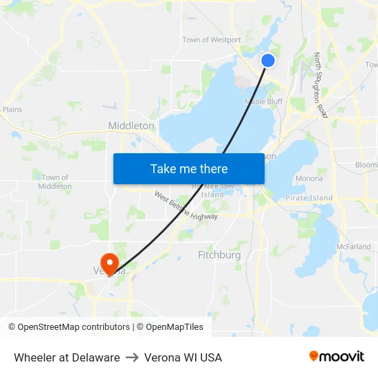 Wheeler at Delaware to Verona WI USA map