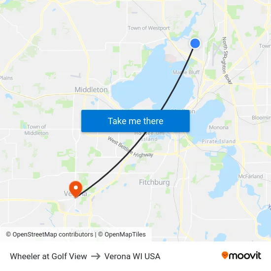 Wheeler at Golf View to Verona WI USA map