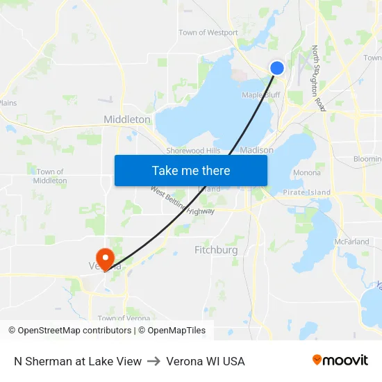 N Sherman at Lake View to Verona WI USA map