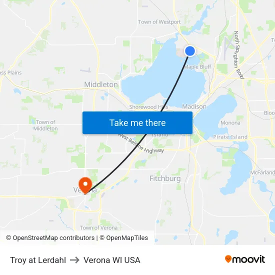 Troy at Lerdahl to Verona WI USA map