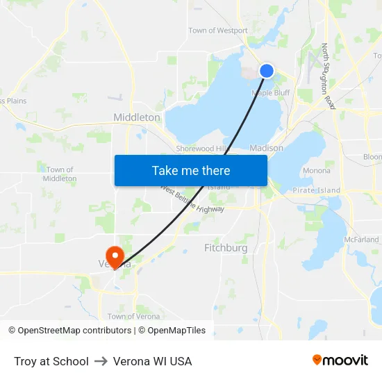 Troy at School to Verona WI USA map
