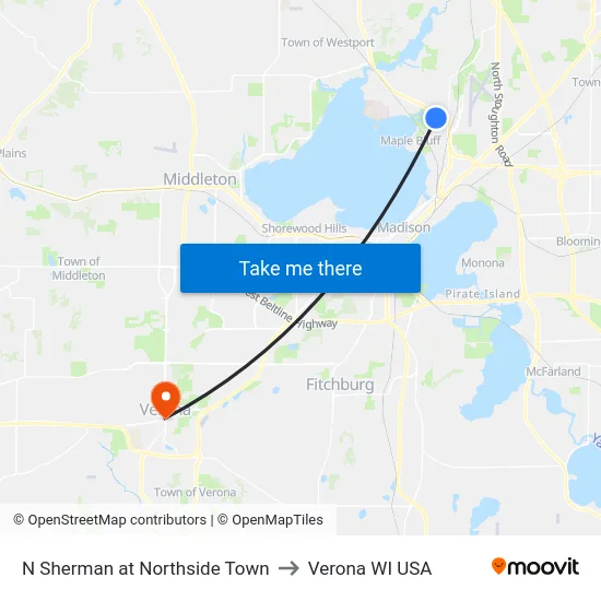 N Sherman at Northside Town to Verona WI USA map