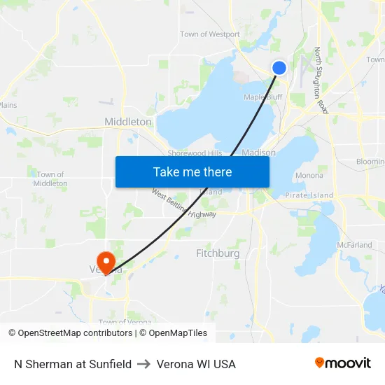N Sherman at Sunfield to Verona WI USA map