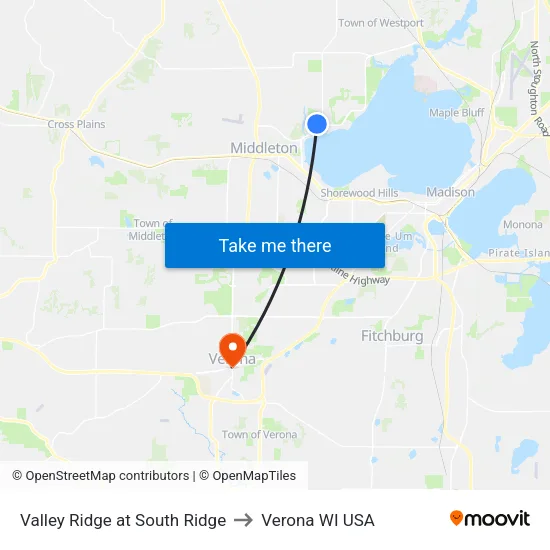 Valley Ridge at South Ridge to Verona WI USA map