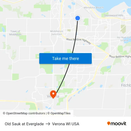 Old Sauk at Everglade to Verona WI USA map