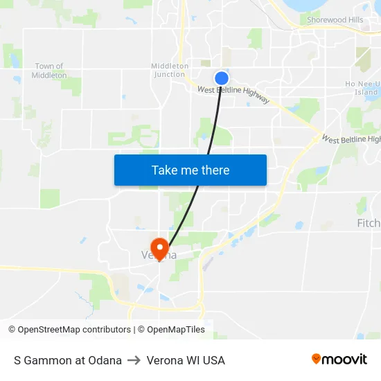 S Gammon at Odana to Verona WI USA map