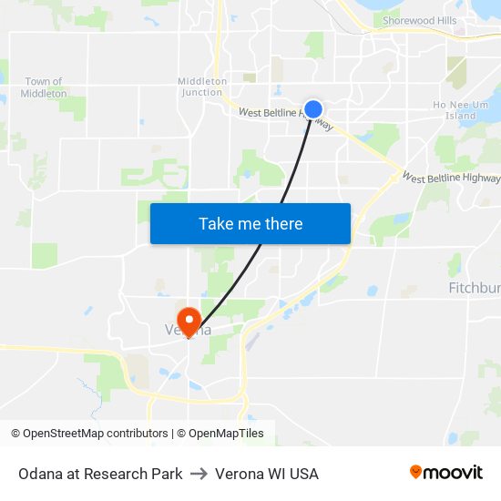 Odana at Research Park to Verona WI USA map