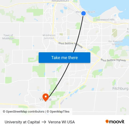 University at Capital to Verona WI USA map