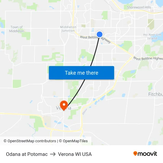 Odana at Potomac to Verona WI USA map