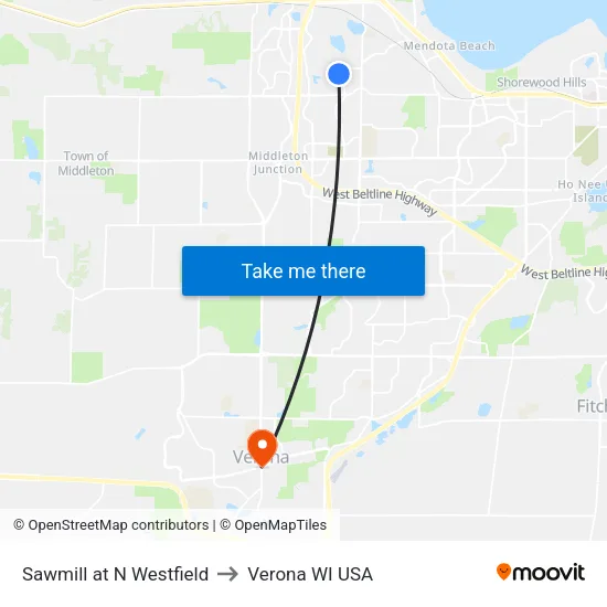 Sawmill at N Westfield to Verona WI USA map
