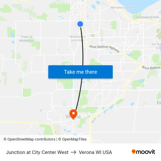 Junction at City Center West to Verona WI USA map