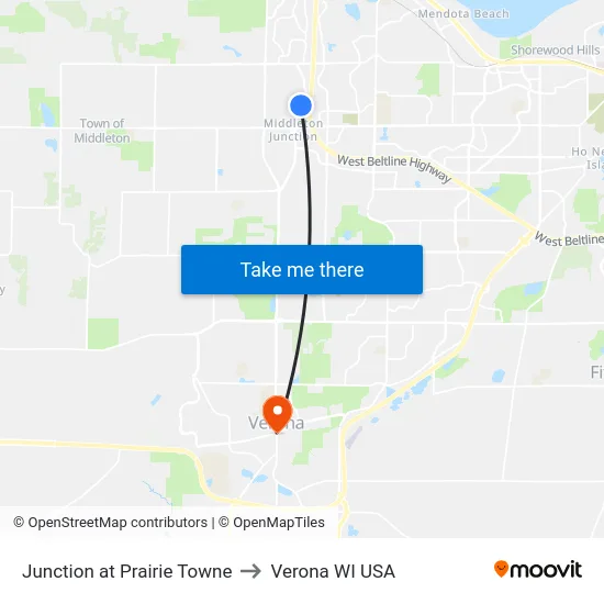 Junction at Prairie Towne to Verona WI USA map
