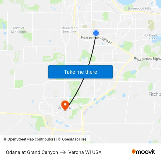 Odana at Grand Canyon to Verona WI USA map