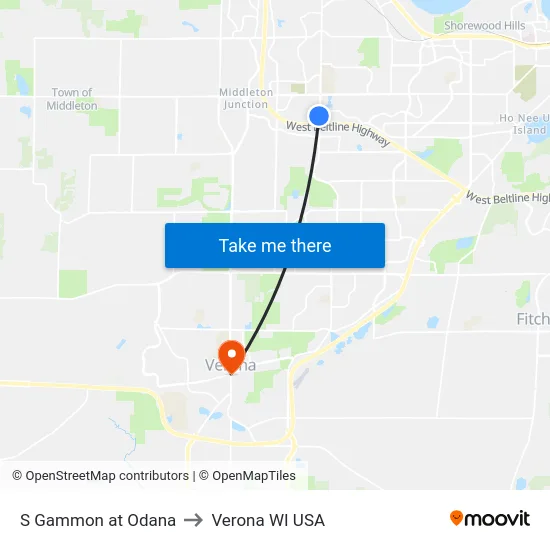 S Gammon at Odana to Verona WI USA map