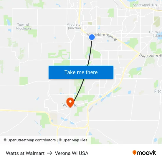Watts at Walmart to Verona WI USA map