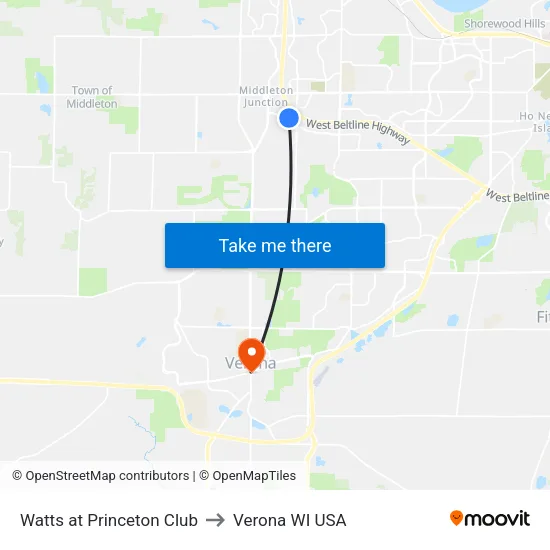 Watts at Princeton Club to Verona WI USA map