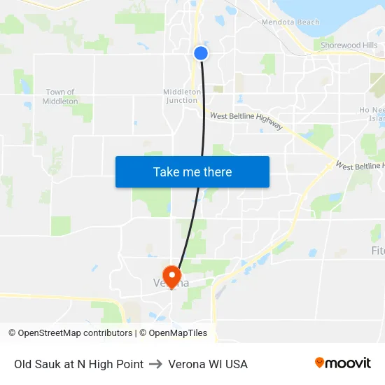 Old Sauk at N High Point to Verona WI USA map